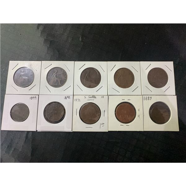 10-Coin Lot: British Pennies, Half Penny, Canadian Pennies, 1872 Straits Settlements