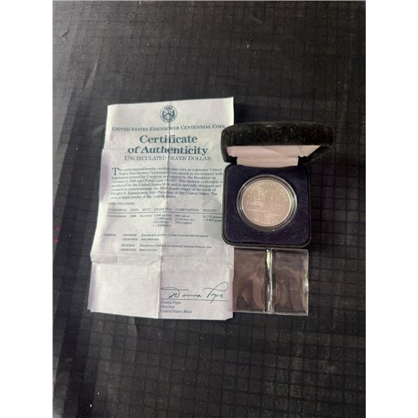 1990 Eisenhower Centennial 90% Silver Uncirculated Dollar, 26.7g with COA