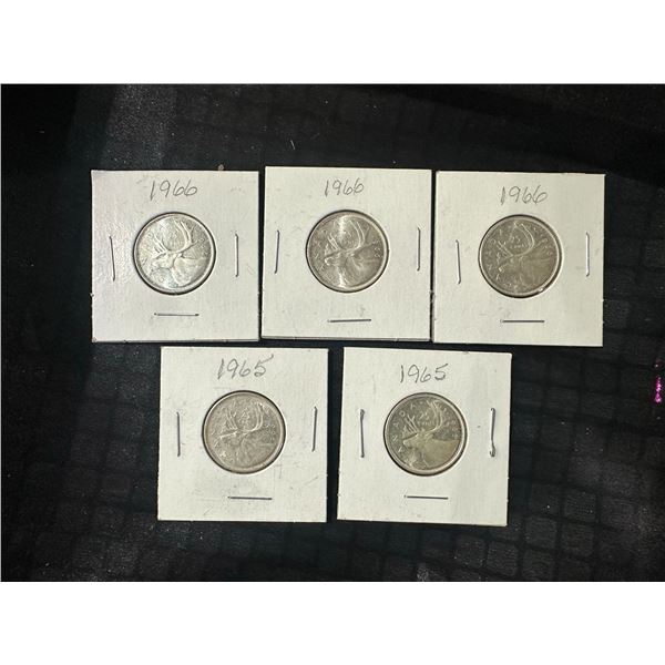 5 Canadian 25-Cent Queen Elizabeth II Quarters, 1965-1966, .800 Silver