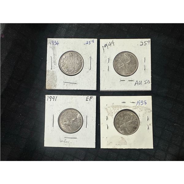 5 Silver Canadian Quarters, 1936-1964, .800 Silver, 5.8g Each