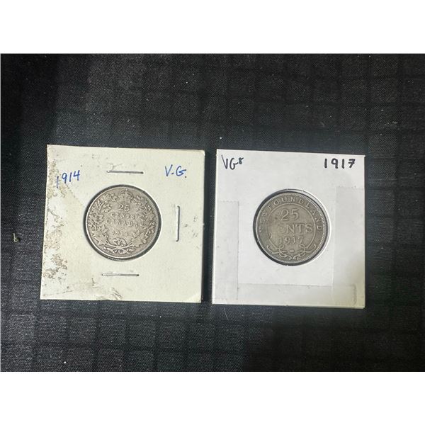 1914 and 1917 Canadian Silver 25 Cents VG .925 Pair, 5.8g Each