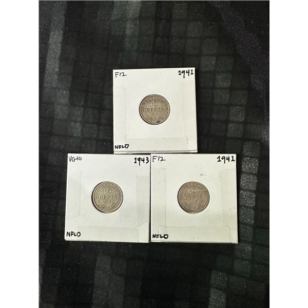 3 Newfoundland .925 Silver Dimes (1941, 1941, 1943) 2.4g Each