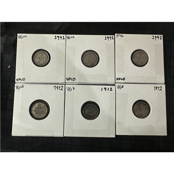 6 Canadian and Newfoundland 5 Cent .925 Silver Coins, 7g