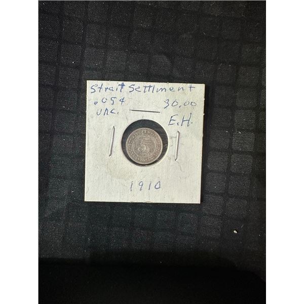 1910 Straits Settlements 5-Cent King Edward VII Silver Coin (.600 Silver, 1.36g)