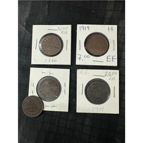 5 Canadian Large Cent Coins: 1884, 2x 1859, 1901, 1919