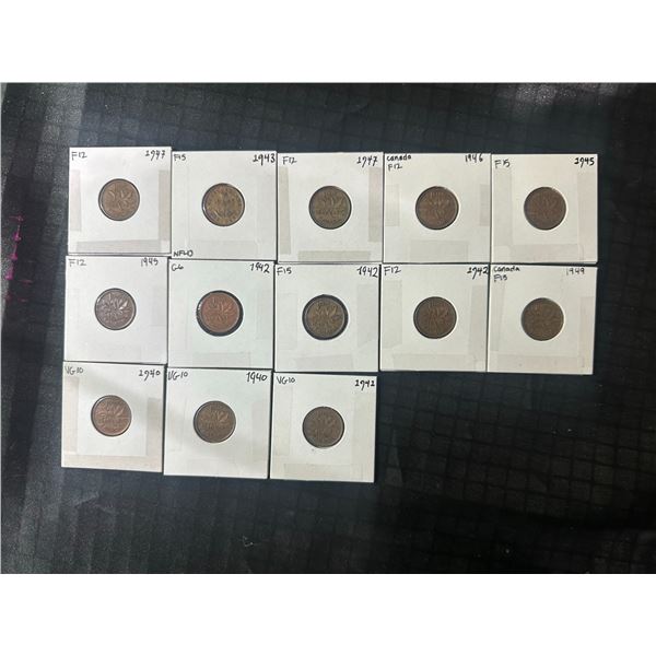 13 Canadian 1 Cent Coins 1940s-1949 In Holders