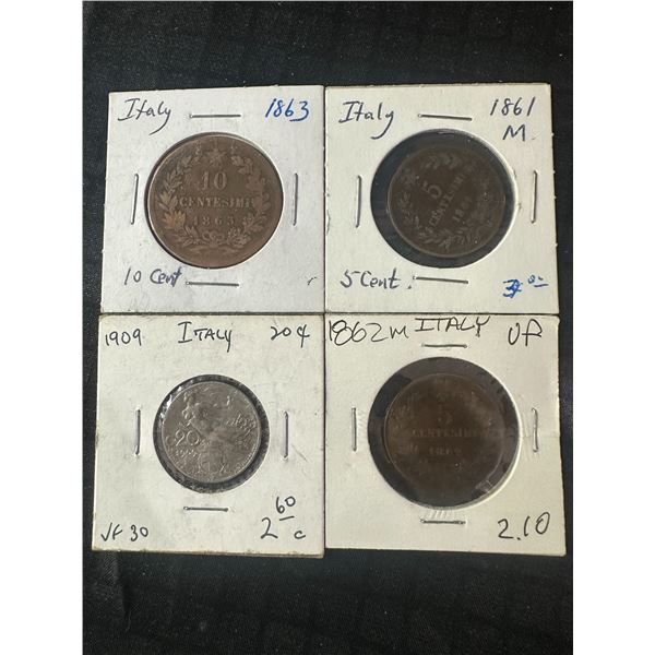 Italy Coin Collection, 1861-1909, Four Pieces Including 10 Centesimi 1863