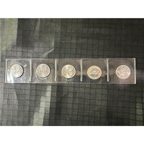 5 Canadian .800 Silver Quarters 1964–1968 Final Silver Issue