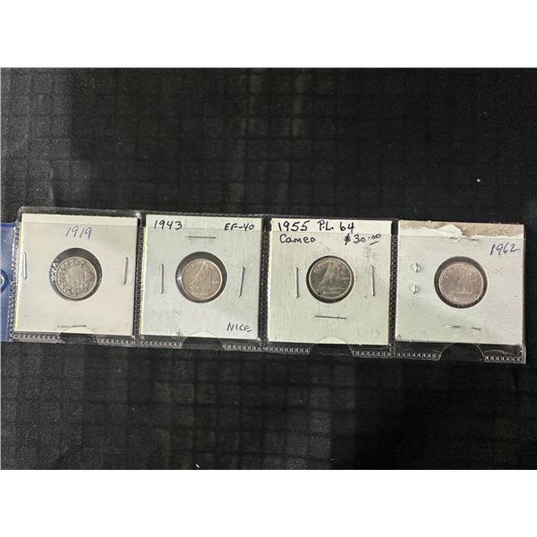 Four Canadian .800 Silver Quarters, 1919–1962, Each 2.3g
