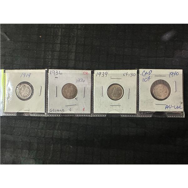 Four .800 Silver 10-Cent Canadian Coins, 1919–1940