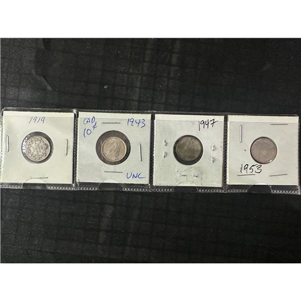 Four Canadian .800 Silver 10 Cent Coins (1919, 1943, 1947, 1953)