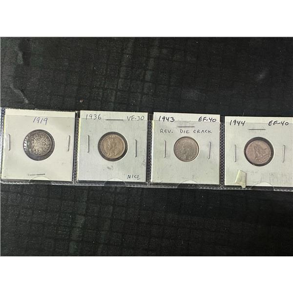 Four Canadian .800 Silver 10 Cent Coins 1919, 1936, 1943, 1944