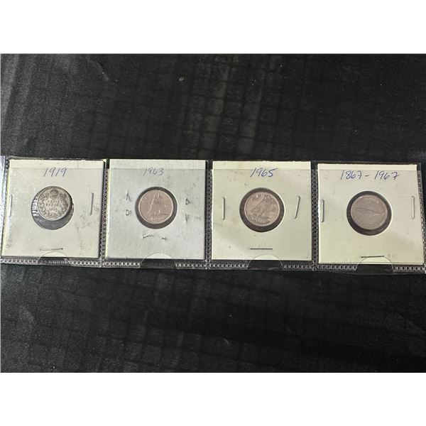 Four Canadian .800 Silver 10-Cent Coins, 1919–1967 Era