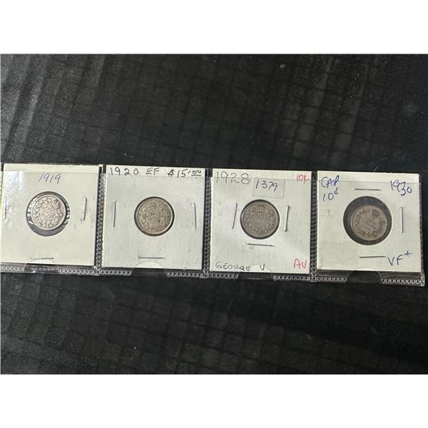 Four Canadian .800 Silver Dimes, 1919–1930, 2.3g Each