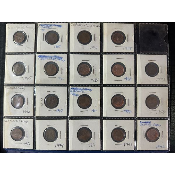 Page of 19 Canadian Pennies in Display Holders