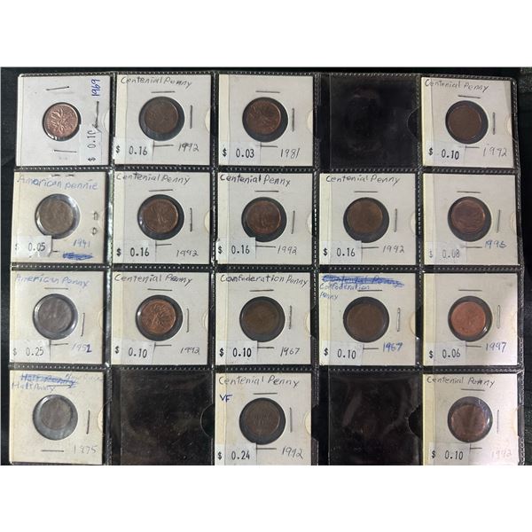 Page of 17 Canadian Pennies, Assorted Dates
