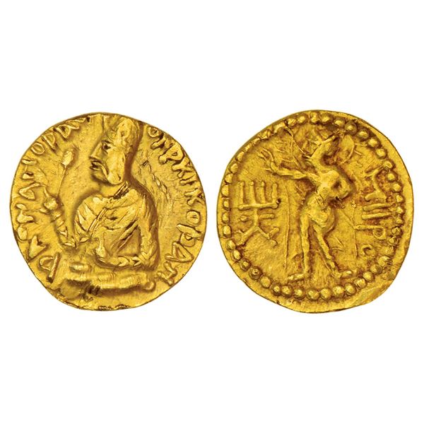 Ancient India : Kushans, Huvishka (c.150-180 AD), gold ¼ dinar, 'MIIÞO', 1.97g.