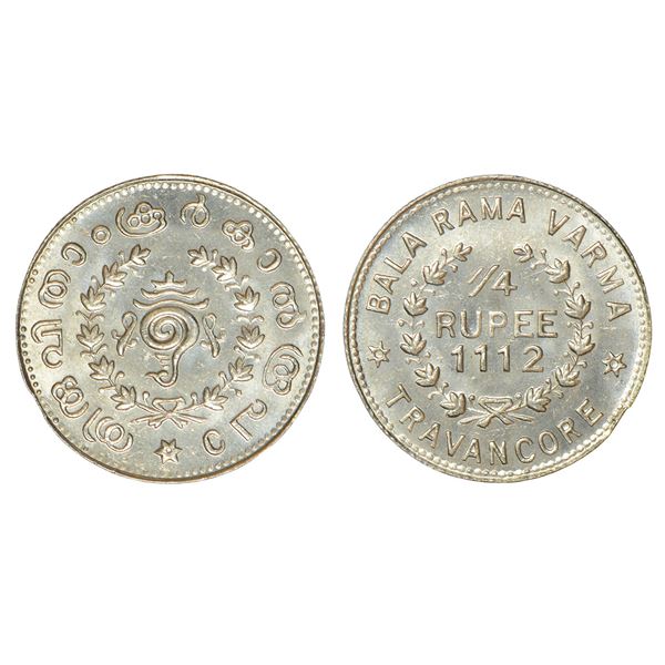 Princely States : Travancore, Bala Rama Varma II (1924-1949 AD), silver ¼ rupee