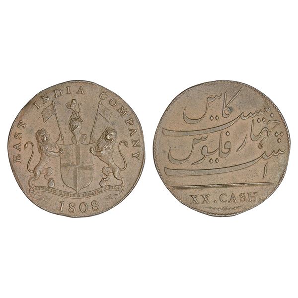 Madras Presidency, Soho mint, copper 20 cash, AD 1808, Stevens EIC 5.119; PR 197, 8.86g