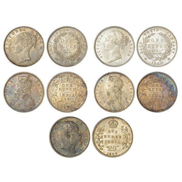 British India : Silver rupee (5), 2x Victoria Queen, 2x Victoria Empress, 1x Edward VII