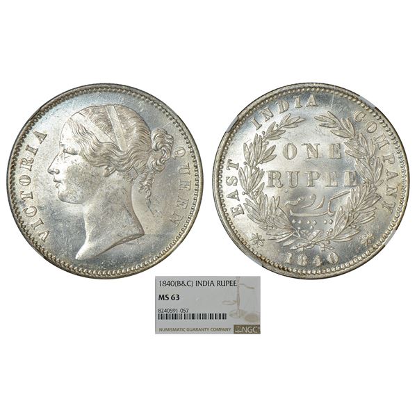 British India : Victoria Queen, divided legend, silver rupee, 1840, Calcutta/Bombay mint