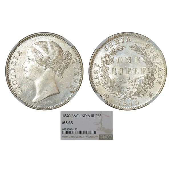 British India : Victoria Queen, divided legend, silver rupee, 1840, Calcutta/Bombay mint