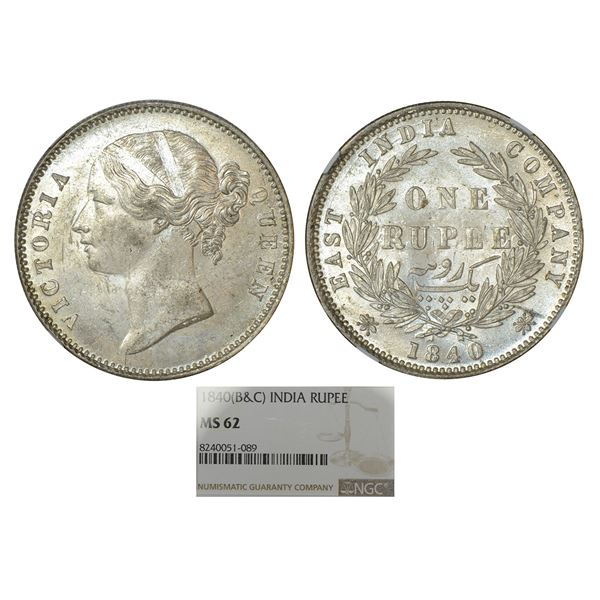 British India : Victoria Queen, divided legend, silver rupee, 1840, Calcutta/Bombay mint