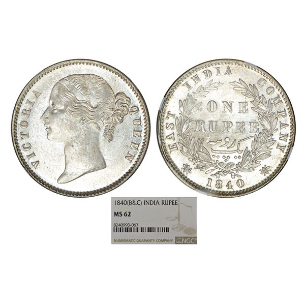 British India : Victoria Queen, divided legend, silver rupee, 1840, Calcutta/Bombay mint