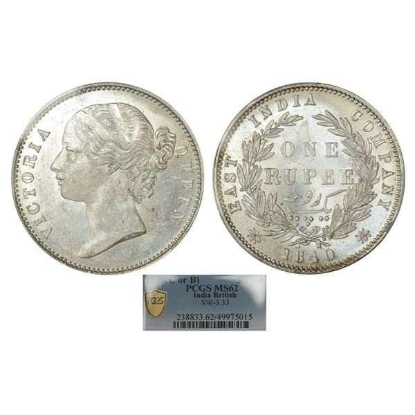 British India : Victoria Queen, divided legend, silver rupee, 1840, Calcutta/Bombay mint