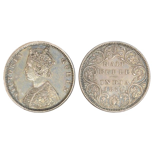 British India : Victoria Queen, silver ½ rupee, 1874, Bombay mint, 5.80g.