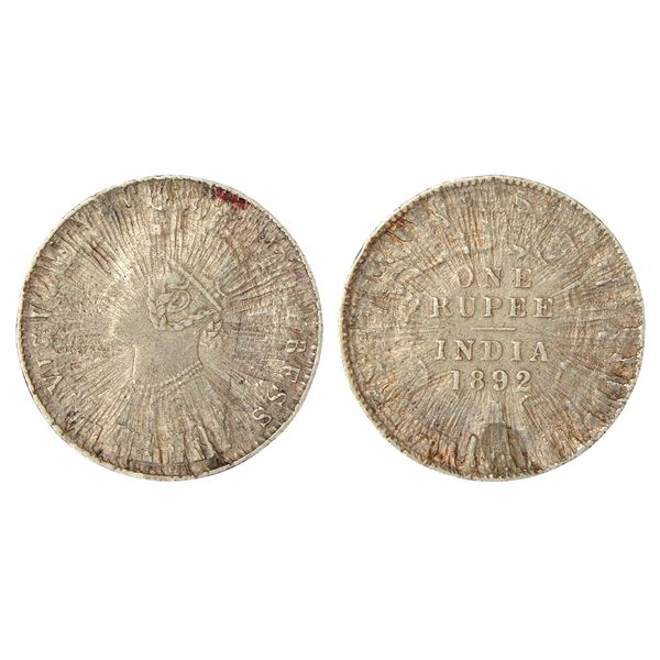 British India : Victoria Empress, error silver rupee, 1892, sunburst error, 10.38g.
