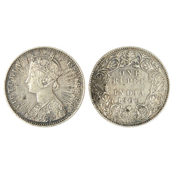 British India : Victoria Empress, error silver rupee, 1900, sunburst error, 11.25g.