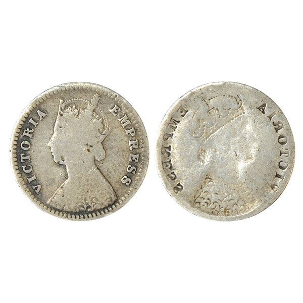 British India : Victoria Empress, error silver 2 annas, brockage (Lakhi), 1.36g.
