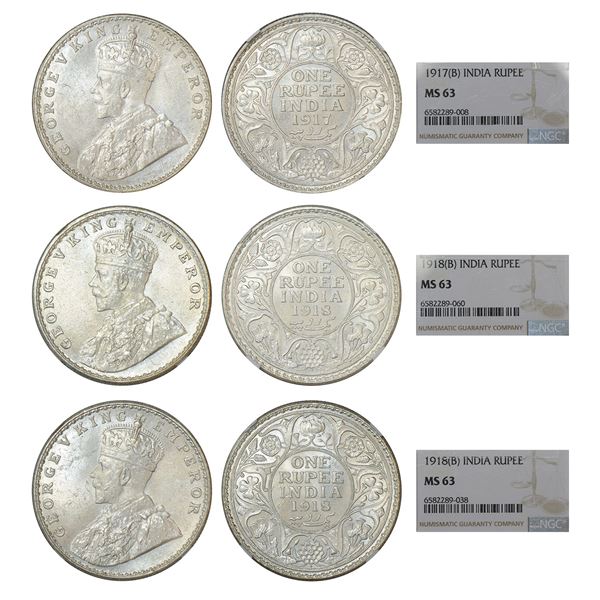 British India : George V, silver rupee (3), 1x 1917 and 2x 1918, Bombay mint. (3 coins)