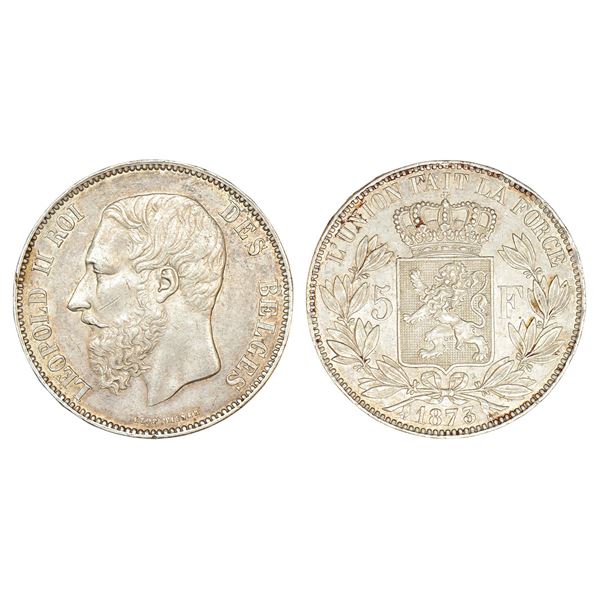 Foreign Coins : Belgium, Leopold II, silver 5 francs, 1873, KM 24, 24.92g.