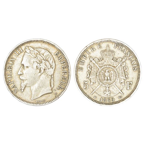 Foreign Coins : France, Napoleon III as Emperor, silver 5 francs, 1869, Strasbourg mint