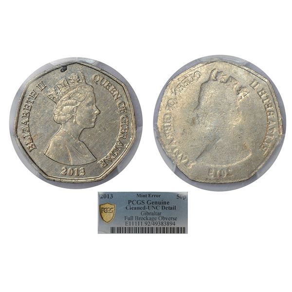 Foreign Coins : Gibraltar, Elizabeth II, 50 pence, 2013, obverse part full brockage (Lakhi)