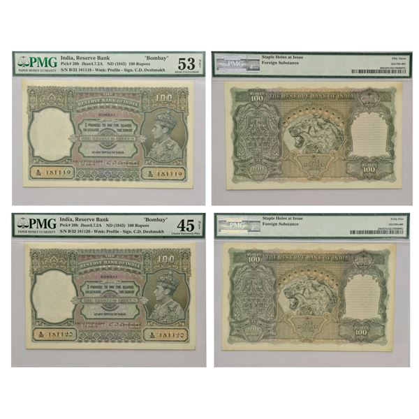 Paper Money : British India, George VI, 100 rupees (2), Bombay circle
