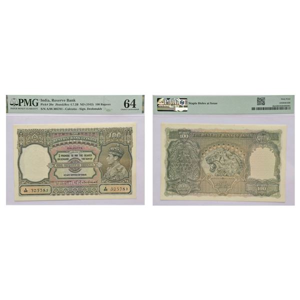 Paper Money : British India, George VI, 100 rupees, Calcutta circle, ND (1938)