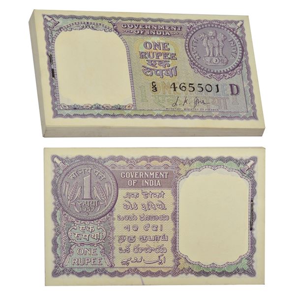 Paper Money : 1 rupee, full packet of 100 notes, 1957, signed by L.K. Jha