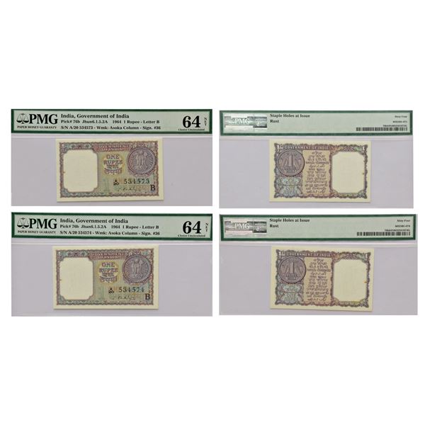 Paper Money : 1 rupee (2), 1964, signed by S. Bhoothalingam, inset 'B', consecutive notes
