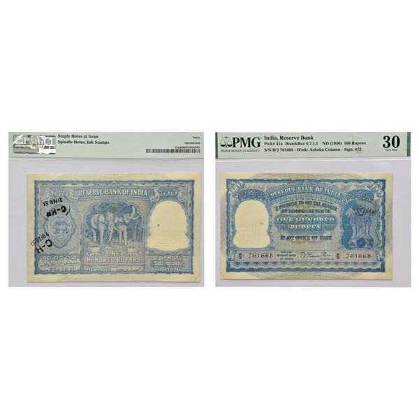 Paper Money : 100 rupees, Elephant series, ND (1950), Calcutta circle