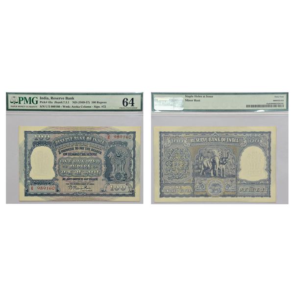 Paper Money : 100 rupees, Elephant series, ND (1953), Kanpur circle