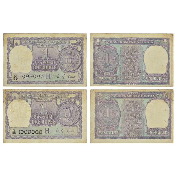 Paper Money : 1 rupee, fancy number notes (2), 1976, signed by M.G. Kaul