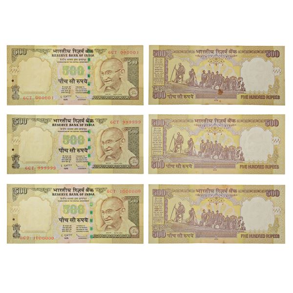 Paper Money : 500 rupees, fancy number notes (3), Gandhi series, 2009