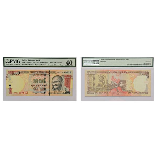 Paper Money : 1000 rupees, misprint note, Gandhi series, 2015, Raghuram G. Rajan