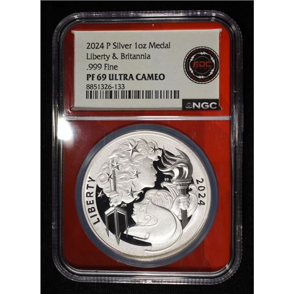 2024-P LIB & BRIT 1 OZ .999 SILVER NGC PF69 UCAM