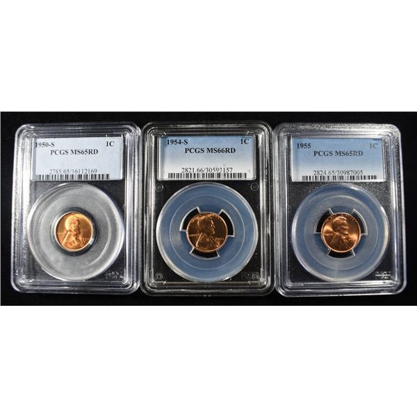 1950-S, 54-S, 55 LINCOLN CENTS PCGS MS65 & 66 RD