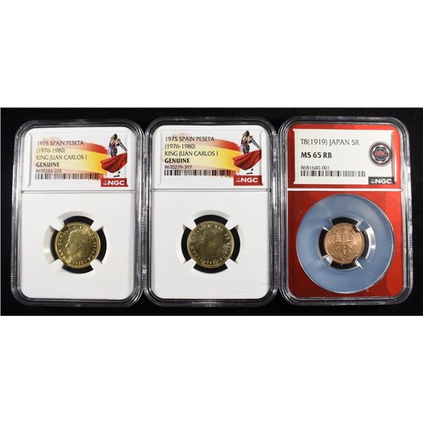 (2) 1975 SPAIN PESETA & 1919 JAPAN 5R NGC GRADED