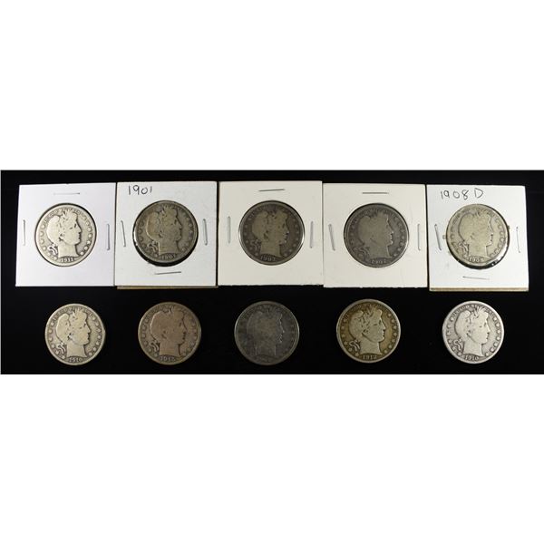 (10) BARBER HALF DOLLARS 90% SILVER